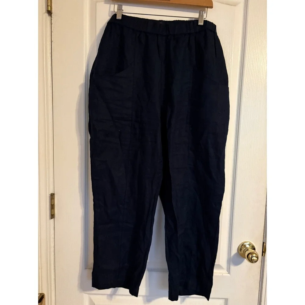 Quince 100% European Linen Pants Navy Blue Elastic‎ Waist Wide Leg XL Womens